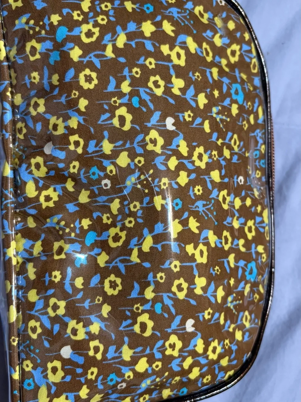 Betsey Johnson Brown Floral Coated Cosmetic Bag with Yellow & Blue Accents